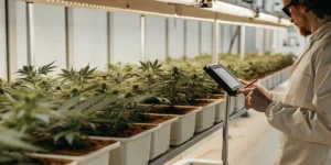 Cannabis plants growing in a high-tech indoor cultivation room monitored by a researcher using a digital tablet.