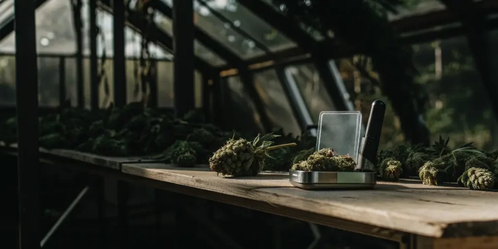 Cannabis buds arranged on a greenhouse workbench with precision tools used for post-harvest quality analysis.