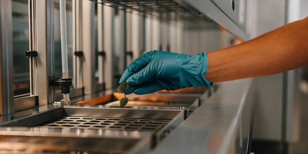 Gloved hand placing cannabis buds into a laboratory testing tray for quality control analysis.