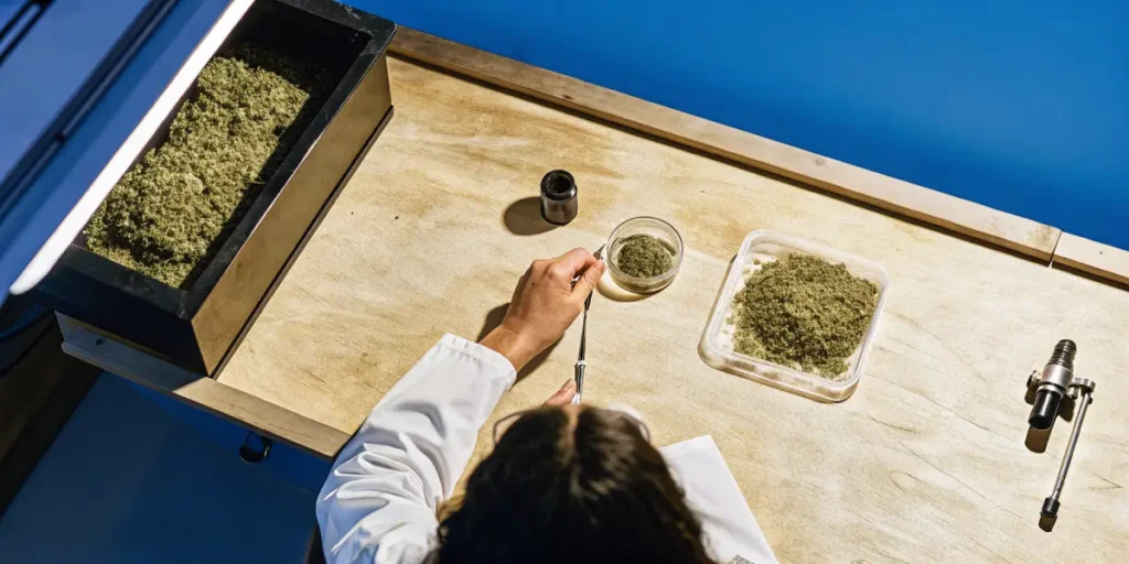 Overhead view of a laboratory table with cannabis plant material, containers, and scientific tools used for cannabis analysis.