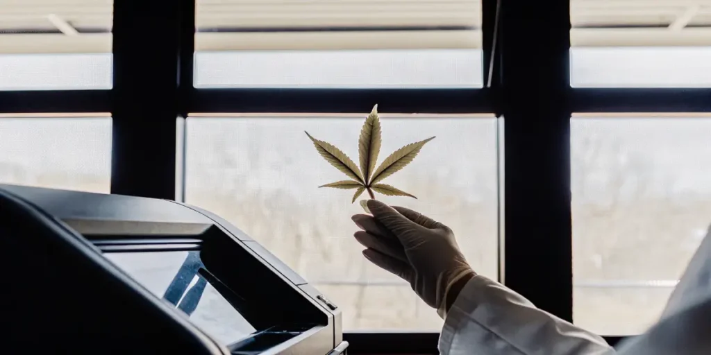 A cannabis leaf is examined by a gloved scientist using a backlit laboratory setup, highlighting professional analysis techniques used in modern cannabis research facilities.