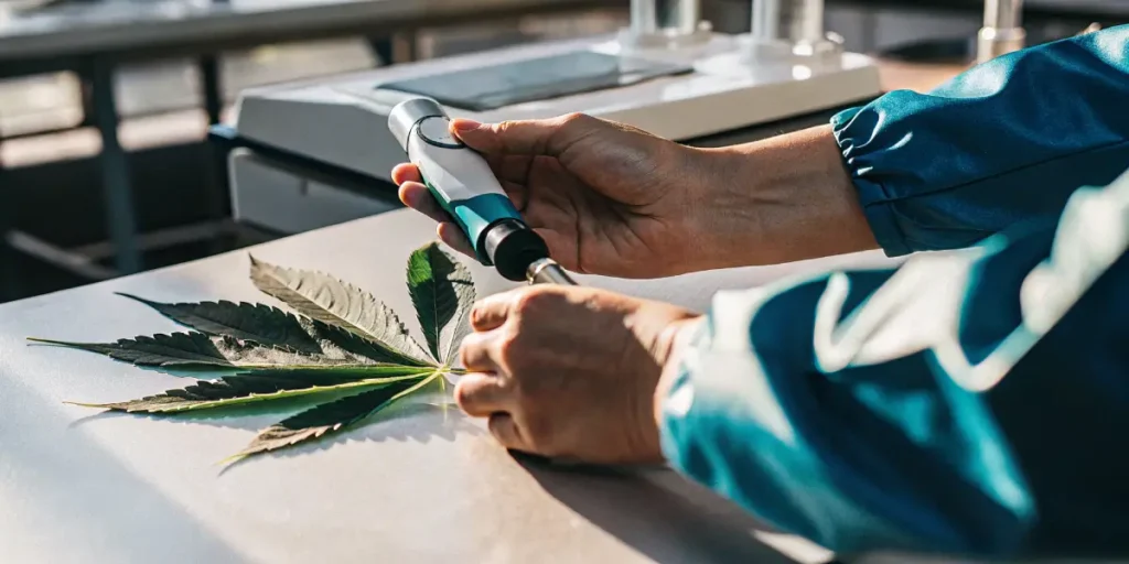 Scientist using a handheld refractometer to measure brix levels in a fresh cannabis leaf on a laboratory table.