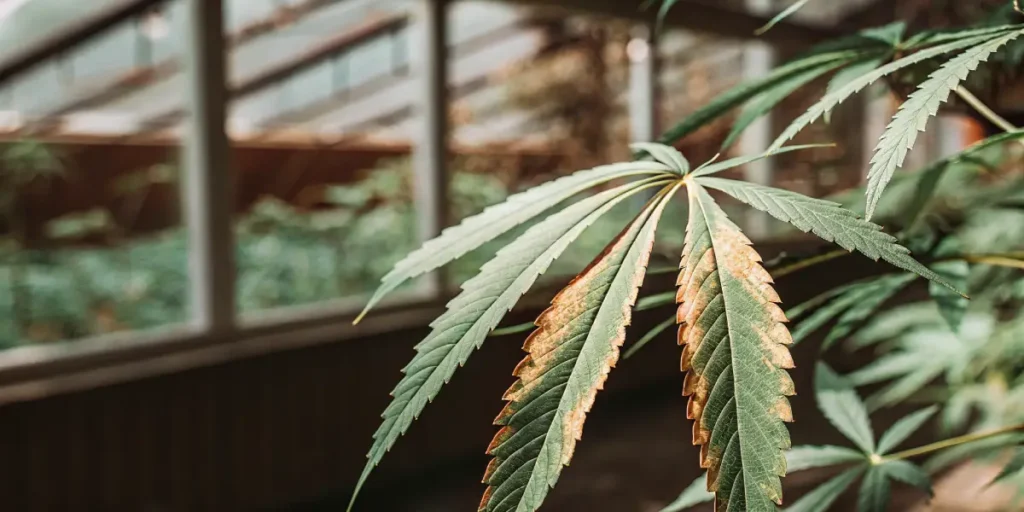 Cannabis leaf with brown spots and discoloration caused by nutrient deficiency in a greenhouse setting.