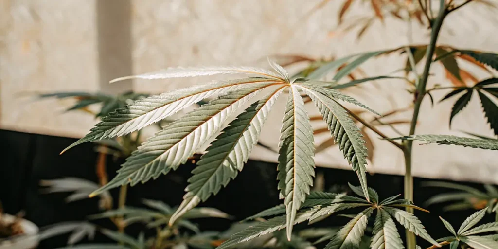 Cannabis leaf showing early chlorosis and light stress symptoms inside a greenhouse environment.