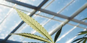 Close-up of a healthy cannabis leaf under natural light inside a greenhouse structure