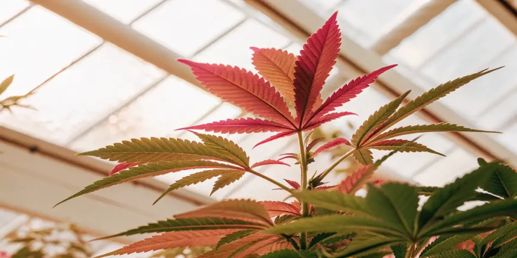 Cannabis plant with red and green leaves growing indoors under greenhouse lighting.