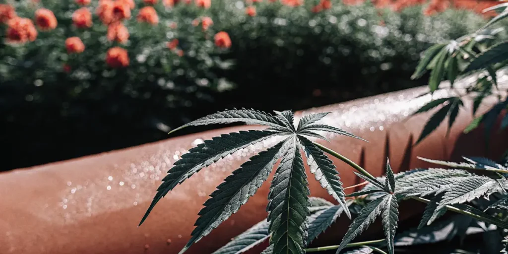 Cannabis leaf covered with morning dew in an outdoor garden environment