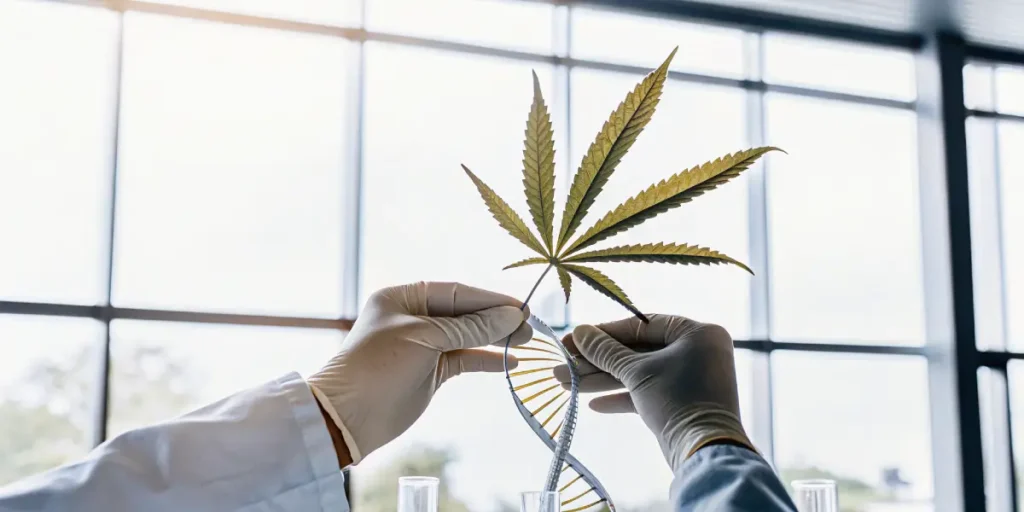 Scientist holding a cannabis leaf aligned with a DNA helix during genetic research in a laboratory