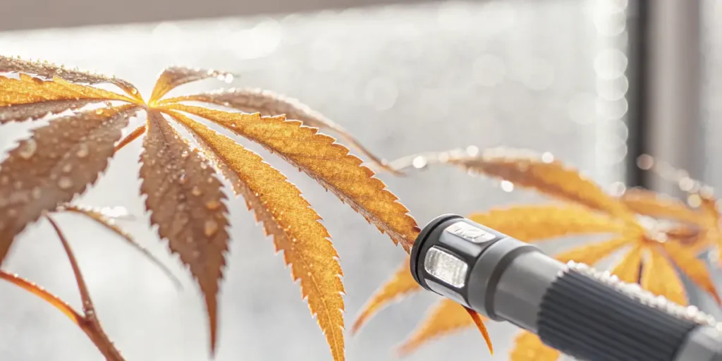 Cannabis leaf examined with a magnifying tool showing moisture and surface details under greenhouse light