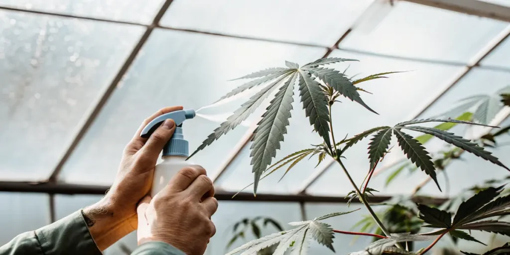 Gardener spraying a cannabis plant leaf with a foliar solution inside a greenhouse during plant care.