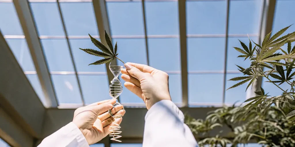 Scientist holding a cannabis leaf alongside a glass helix structure to illustrate genetic analysis in a greenhouse environment.