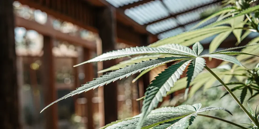 Close-up of a healthy cannabis leaf growing inside a greenhouse under natural light.