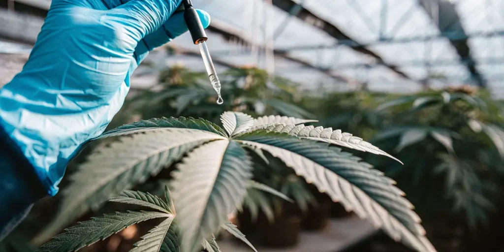 Close-up of a gloved hand applying liquid with a dropper onto a healthy cannabis leaf inside a greenhouse laboratory.