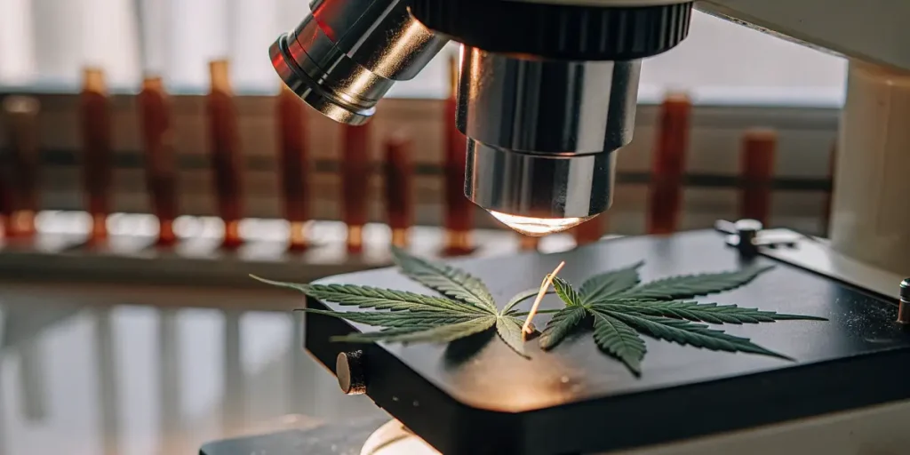 Close-up view of a cannabis leaf positioned under a laboratory microscope, highlighting professional plant tissue analysis used to study cannabis health, structure, and cultivation quality.