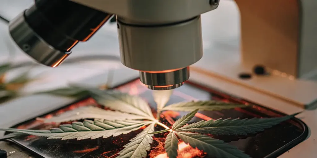 Microscopic analysis of a cannabis leaf under a laboratory microscope during scientific research.