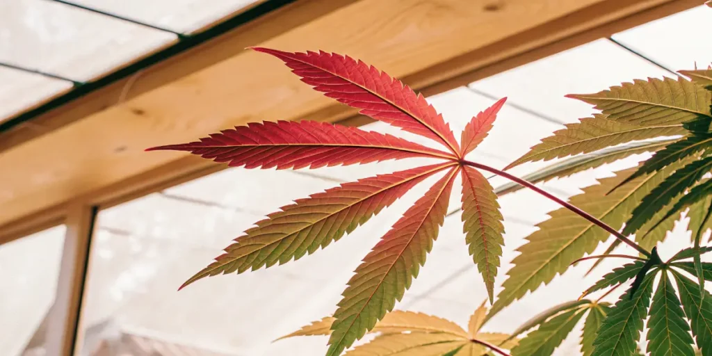 Close-up of a cannabis leaf showing red and green color changes under greenhouse light.