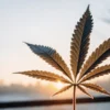 Silhouetted cannabis leaf with dew drops glowing at sunrise in a calm outdoor setting.