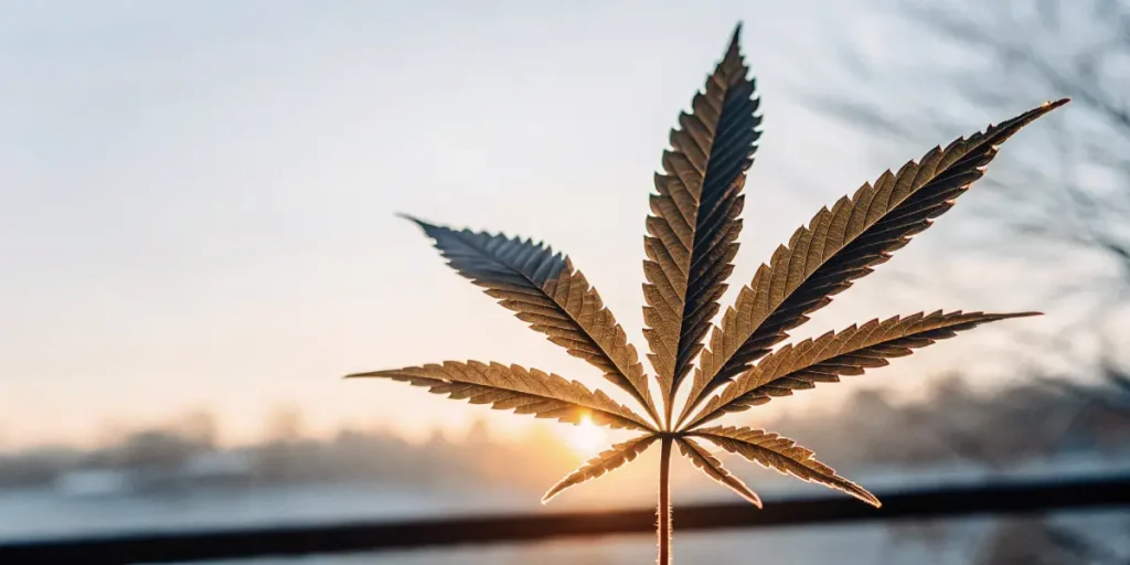 Silhouetted cannabis leaf with dew drops glowing at sunrise in a calm outdoor setting.