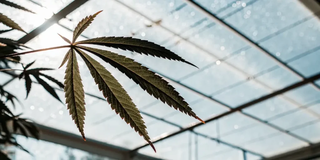 Cannabis leaf exposed to sunlight beneath a glass greenhouse ceiling