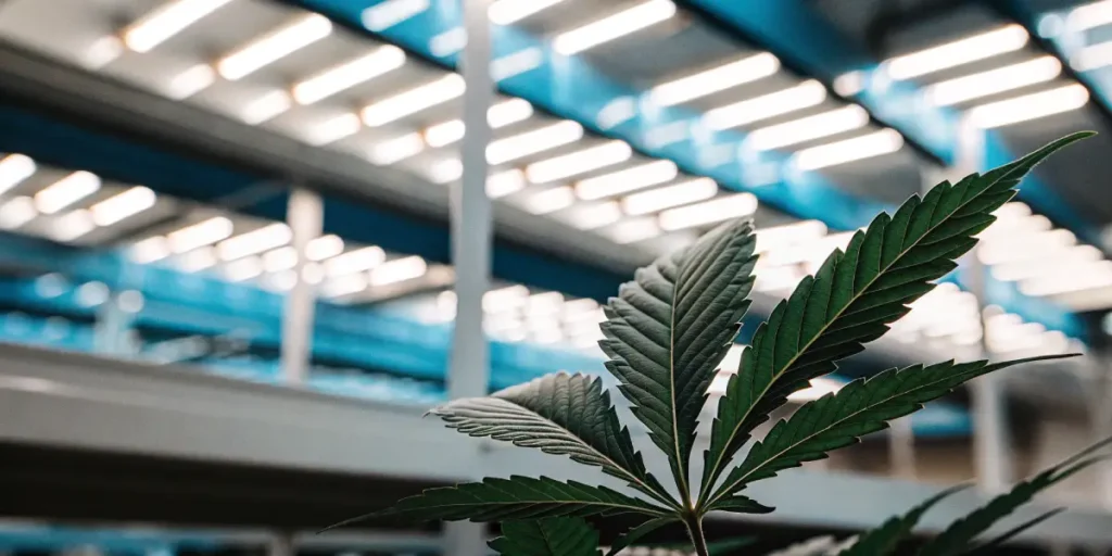 Close-up of a healthy cannabis leaf inside an industrial indoor grow facility, illuminated by high-efficiency LED lighting for controlled plant development.