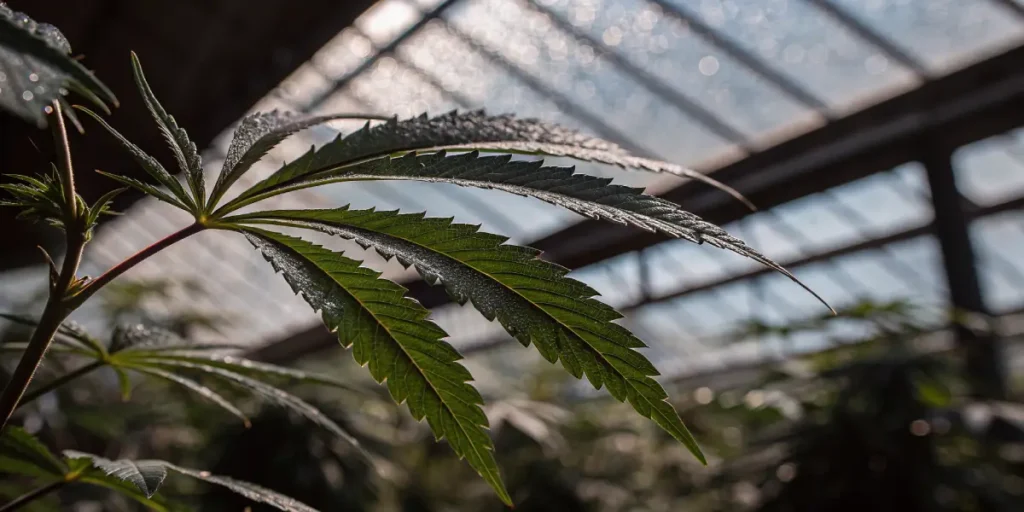 Cannabis leaf with dew droplets inside a greenhouse during early growth stage