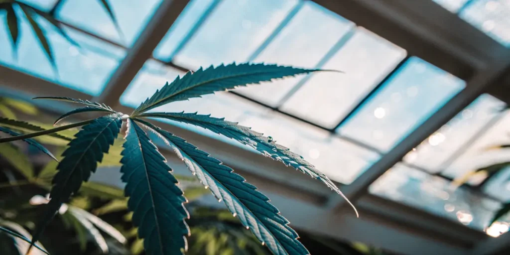Cannabis leaf with dew drops under greenhouse roof and natural sunlight