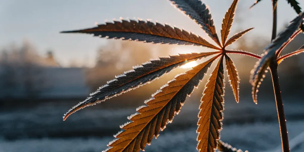 Cannabis leaf covered with morning dew illuminated by warm sunrise light in an outdoor environment.