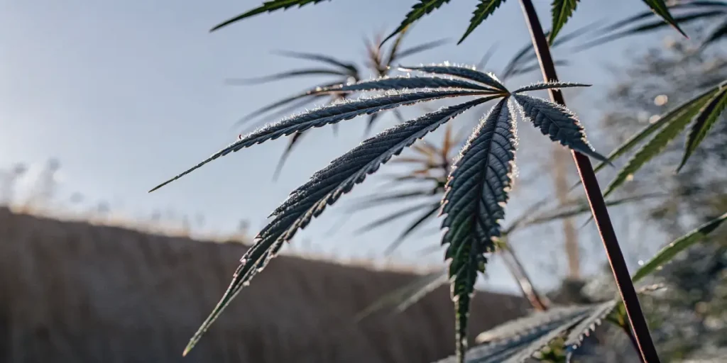 Cannabis leaf outdoors covered with morning dew during early daylight.