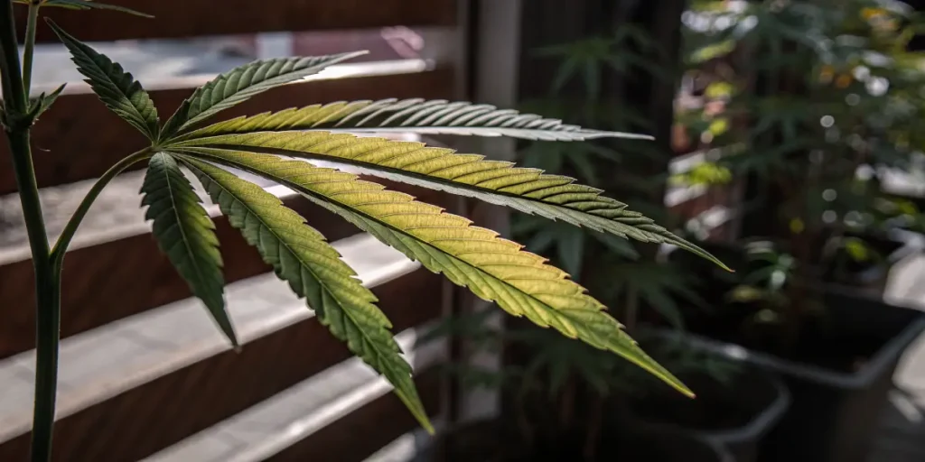 Cannabis leaf showing yellowing and green tones under indoor light, highlighting nutrient stress and leaf structure.