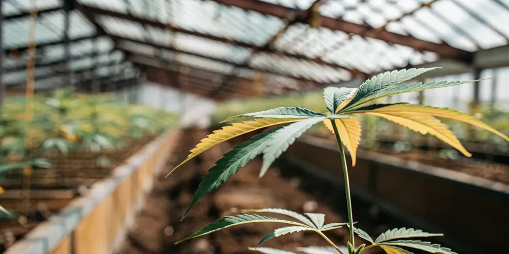 Cannabis leaf showing yellowing edges in a greenhouse grow bed with rows of plants under natural light.