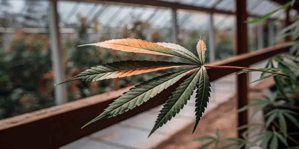 Cannabis leaf showing early yellowing symptoms inside a greenhouse under natural sunlight.