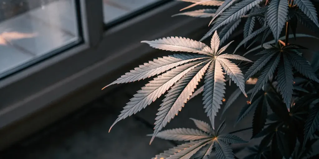 Cannabis leaf showing early yellowing near a window in an indoor growing environment