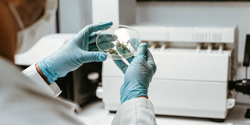Laboratory technician examining cannabis micropropagation samples in a petri dish using sterile equipment.