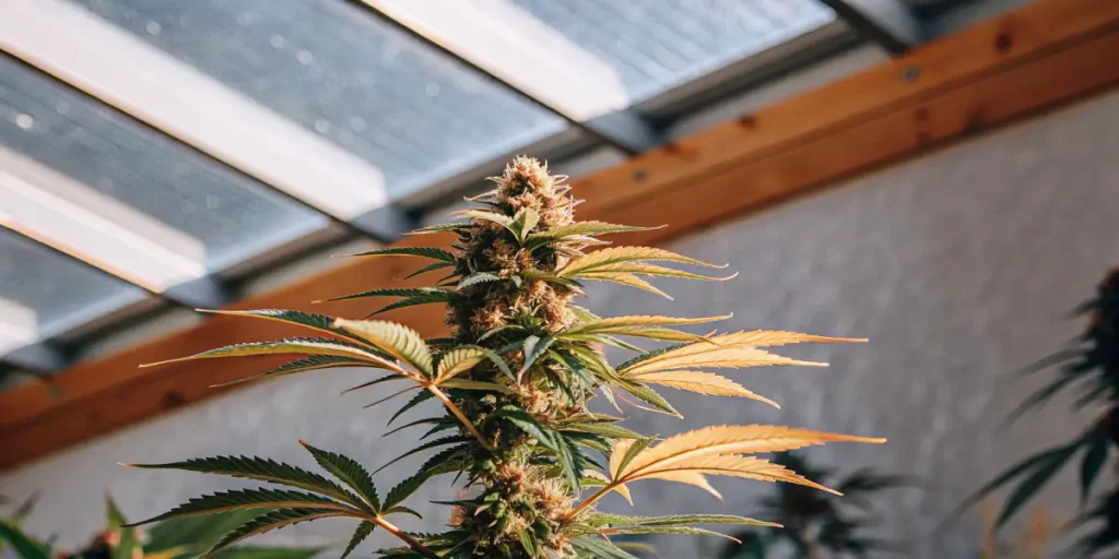 Cannabis plant in advanced flowering stage with dense buds inside a greenhouse