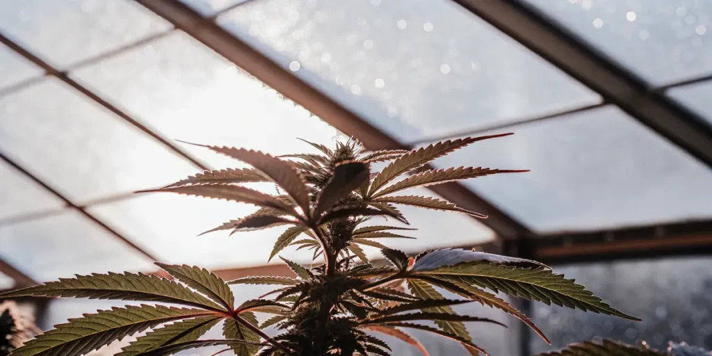 Cannabis plant in early flowering stage backlit by sunlight inside a greenhouse, highlighting leaf structure and bud development.