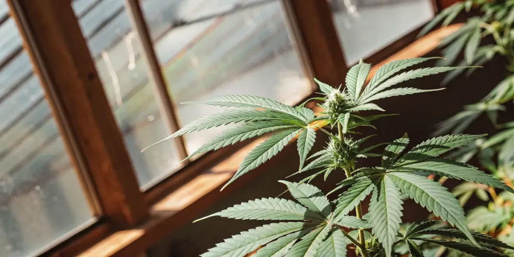 Cannabis plant in early flowering stage growing indoors near a window with natural sunlight.