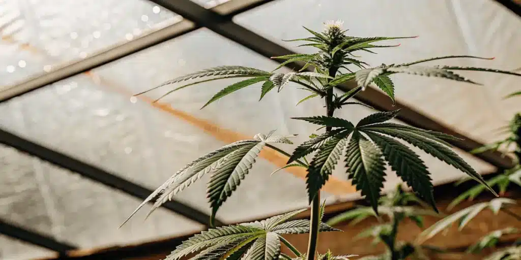 Cannabis plant growing in a greenhouse during the flowering stage under diffused natural light.