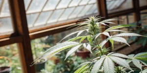Healthy cannabis plant growing in a greenhouse during early flowering stage with vibrant green leaves and natural light.