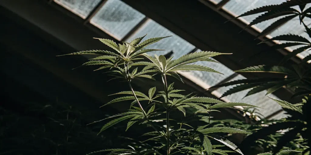 Cannabis plant growing indoors in a greenhouse under natural sunlight with healthy green leaves