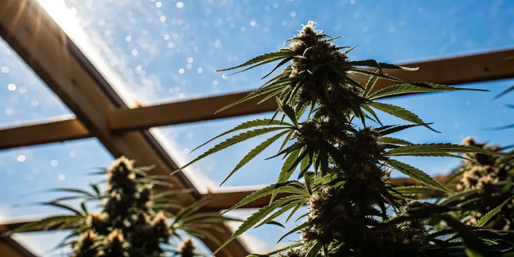 Cannabis plant growing in a sunlit greenhouse with natural light filtering through the glass roof