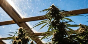 Cannabis plant growing in a sunlit greenhouse with natural light filtering through the glass roof