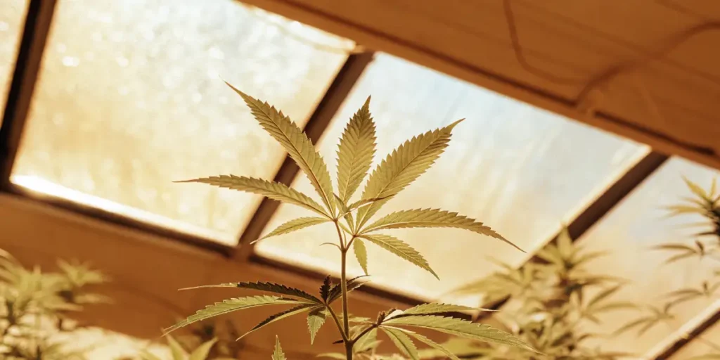 Cannabis plant leaf illuminated by warm sunlight inside a greenhouse environment.