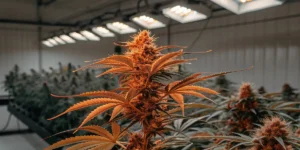 Cannabis plant with orange-tinged leaves flowering indoors under artificial grow lights.
