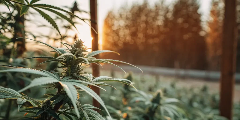 Cannabis plant growing outdoors at sunset with warm natural light, displaying mature buds and healthy green leaves.