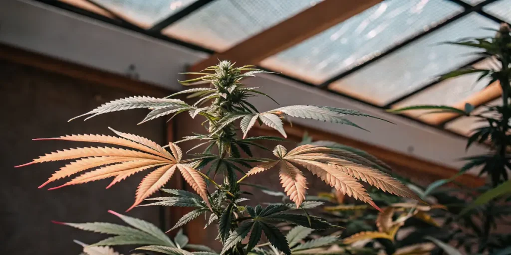 Cannabis plant displaying pink and orange leaves during late growth stages in a greenhouse environment.