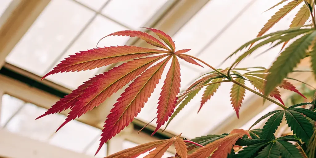 Cannabis plant displaying red and green leaves under natural light inside a greenhouse