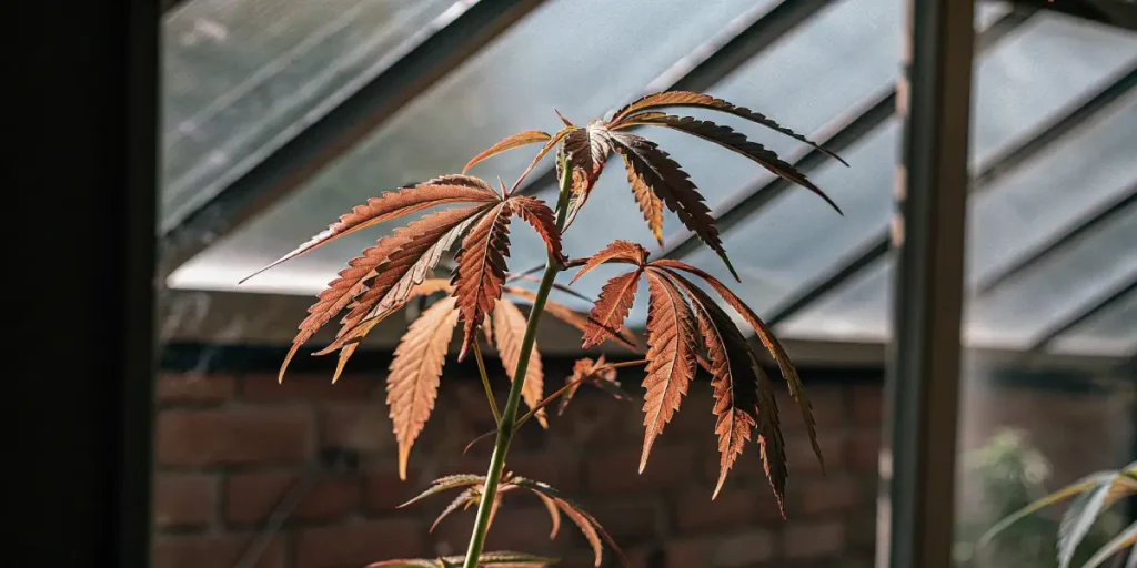 Cannabis plant with reddish leaves growing under natural light inside a greenhouse.
