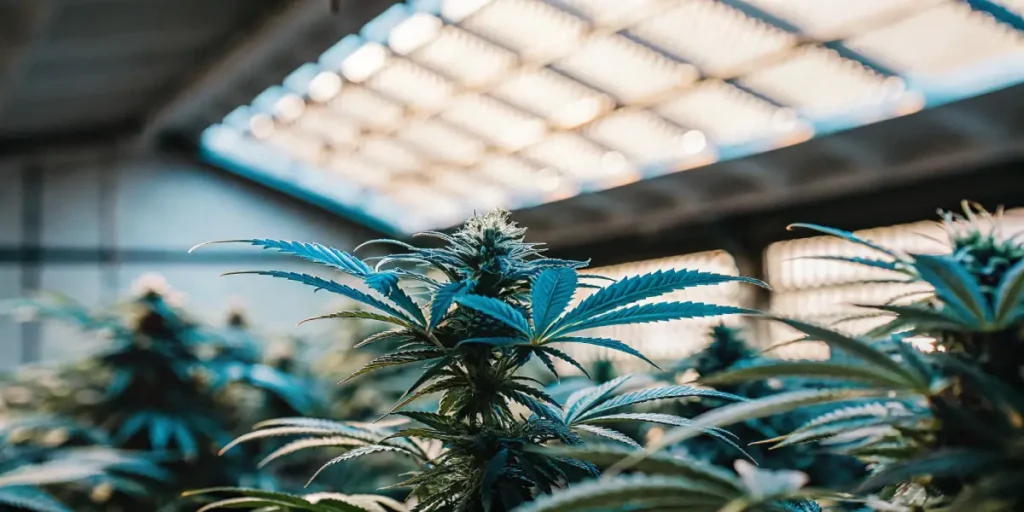 Cannabis plant growing under LED grow lights in an indoor cultivation facility.