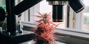 Cannabis plant under a microscope during laboratory analysis of flower structure and trichome development.