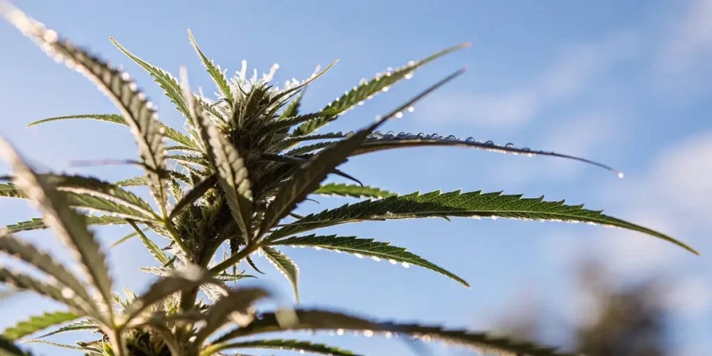 Cannabis plant with dew drops on the leaves under a clear blue sky during early flowering